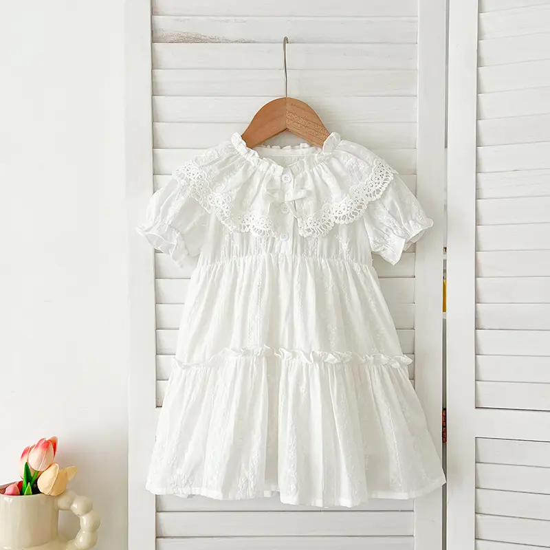 2025 Summer New Baby Girls Dress Girls Sweet Girl Dress White Party Ruffle Trim Party Princess Dress Lace Collar Dresses Clothes