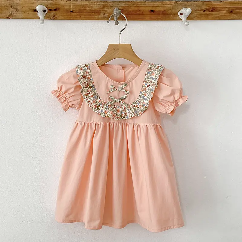 Girls Casual Dresses Flower Print Doll Collar Dress with Bow Flower Girl Dresses Kids Clothes Princess Butterfly Girls Clothes