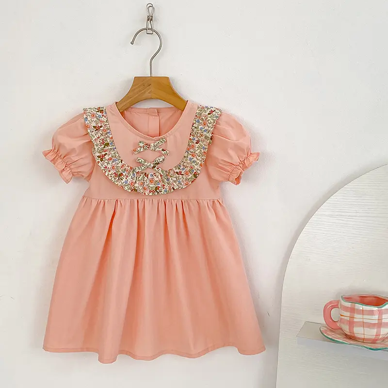 Girls Casual Dresses Flower Print Doll Collar Dress with Bow Flower Girl Dresses Kids Clothes Princess Butterfly Girls Clothes
