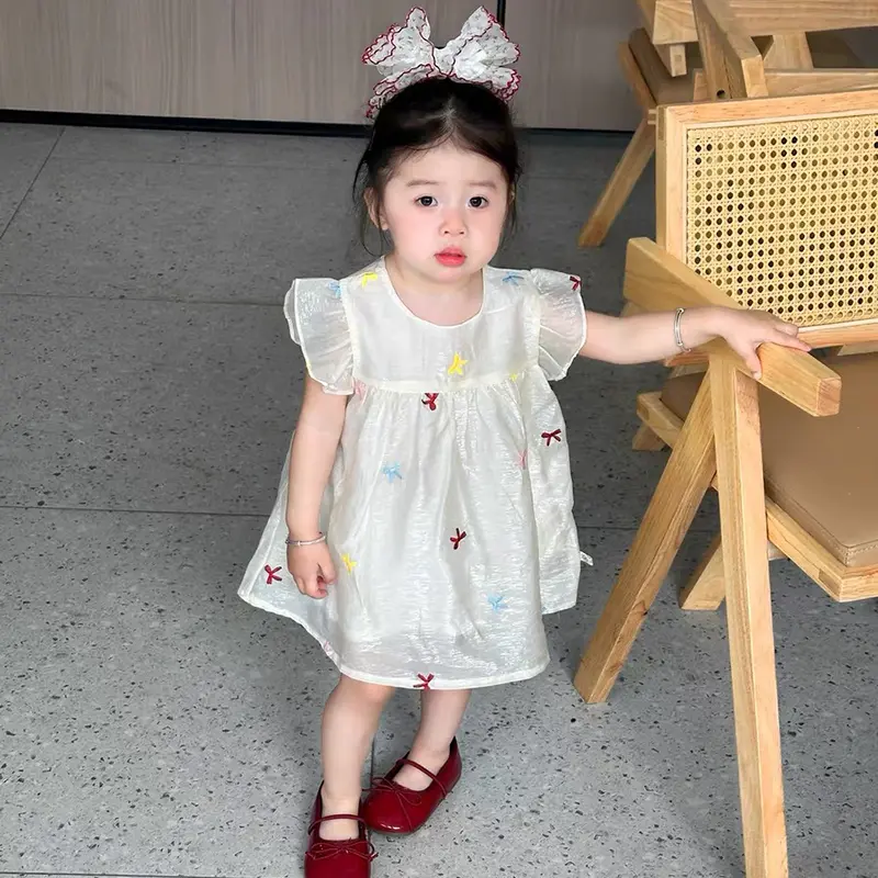 Fashion Kids Clothing Baby Girls Dress Embroidered Color Bow Puff Sleeve Cotton Baby Girl Infant Princess Dress Party Dresses