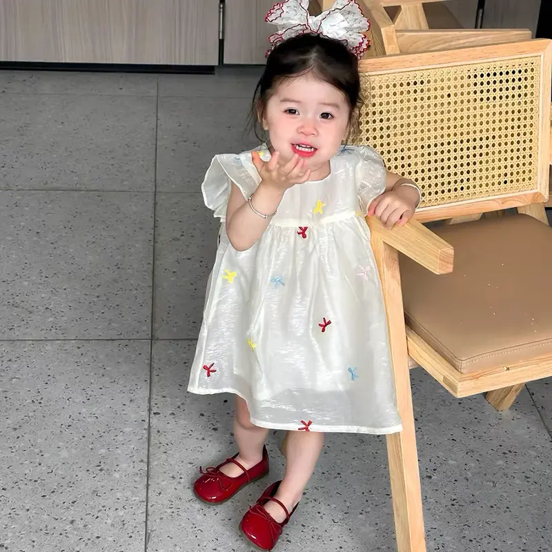 Fashion Kids Clothing Baby Girls Dress Embroidered Color Bow Puff Sleeve Cotton Baby Girl Infant Princess Dress Party Dresses