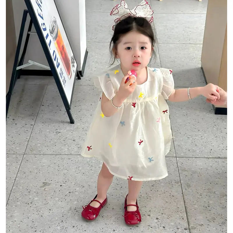 Fashion Kids Clothing Baby Girls Dress Embroidered Color Bow Puff Sleeve Cotton Baby Girl Infant Princess Dress Party Dresses
