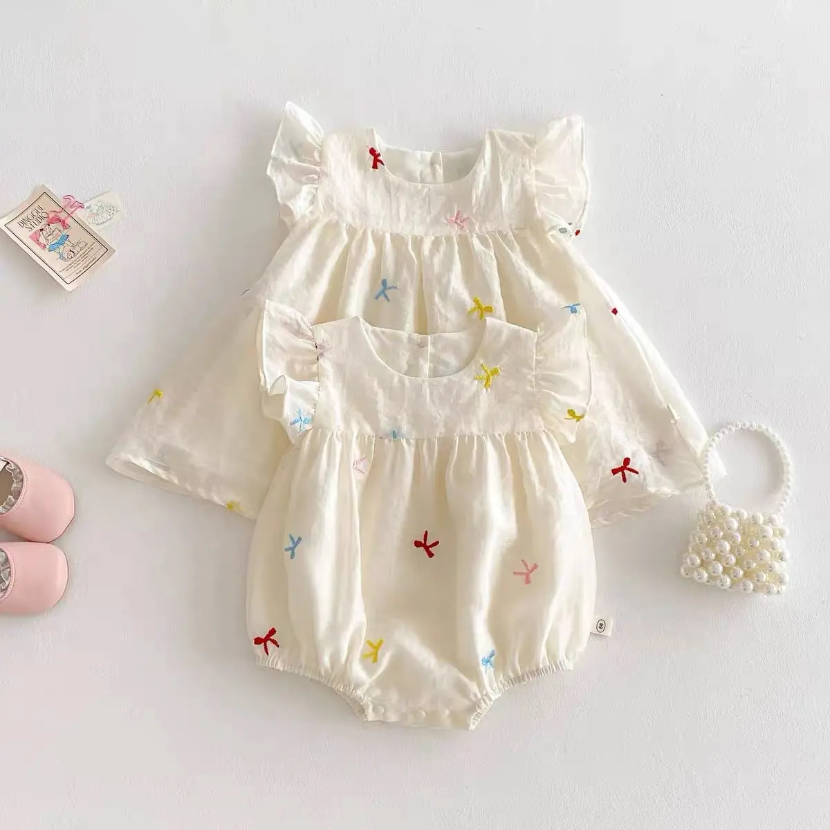 Fashion Kids Clothing Baby Girls Dress Embroidered Color Bow Puff Sleeve Cotton Baby Girl Infant Princess Dress Party Dresses