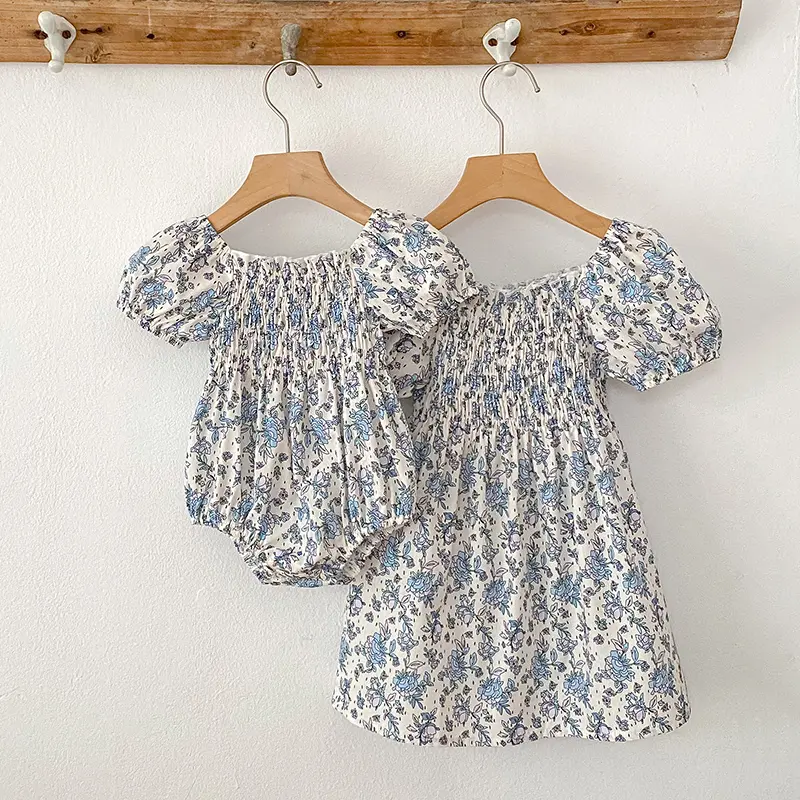 0-6Y Sisters Vintage Girls Beach Dress Summer Cotton Breathable Toddler Girls Flower Dress Children Beach Playing Clothes Baby