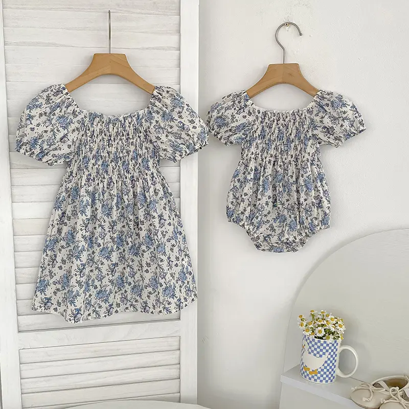 0-6Y Sisters Vintage Girls Beach Dress Summer Cotton Breathable Toddler Girls Flower Dress Children Beach Playing Clothes Baby