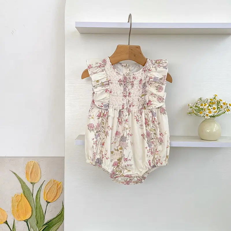 Baby Girls Rompers Newborn Clothes Kids Flower Flying Sleeves Sweet Flower Printing Princess Rompers Infant Baby Girls Rompers