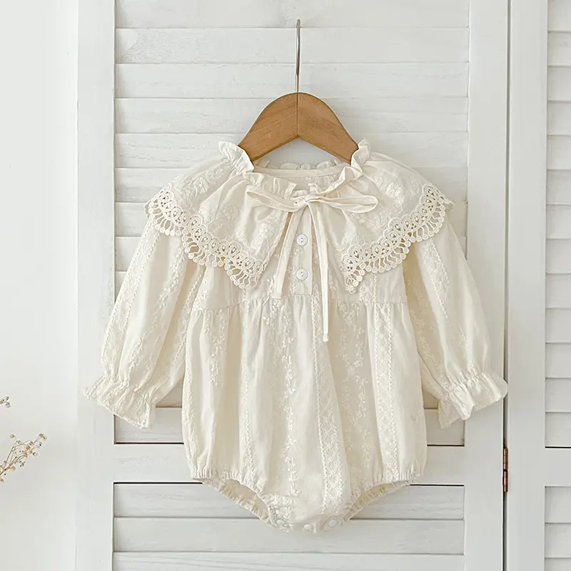 0-2Yrs Fashion Clothes Baby Romper Newborn Bodysuit Lace Peter Pan Collar Princess Bow Romper Long Sleeves Infant Girl Jumpsuit