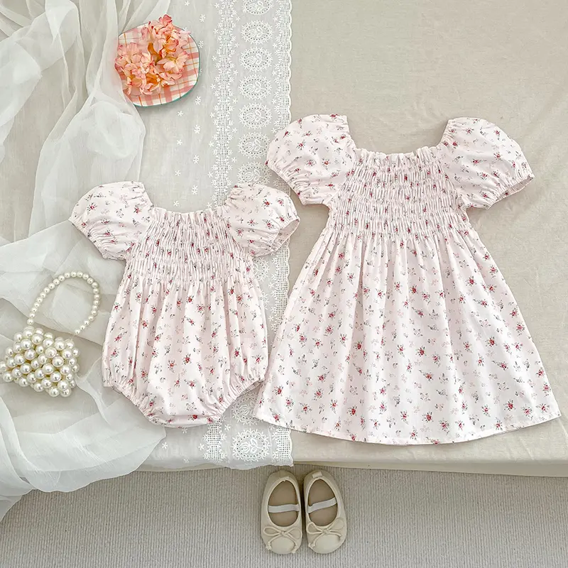 Summer Girls' Clothing Holiday Flower Print Dress Pink Cotton Girls' Fashion Dress 3-7 Years Old Girls Clothes Kids Clothes