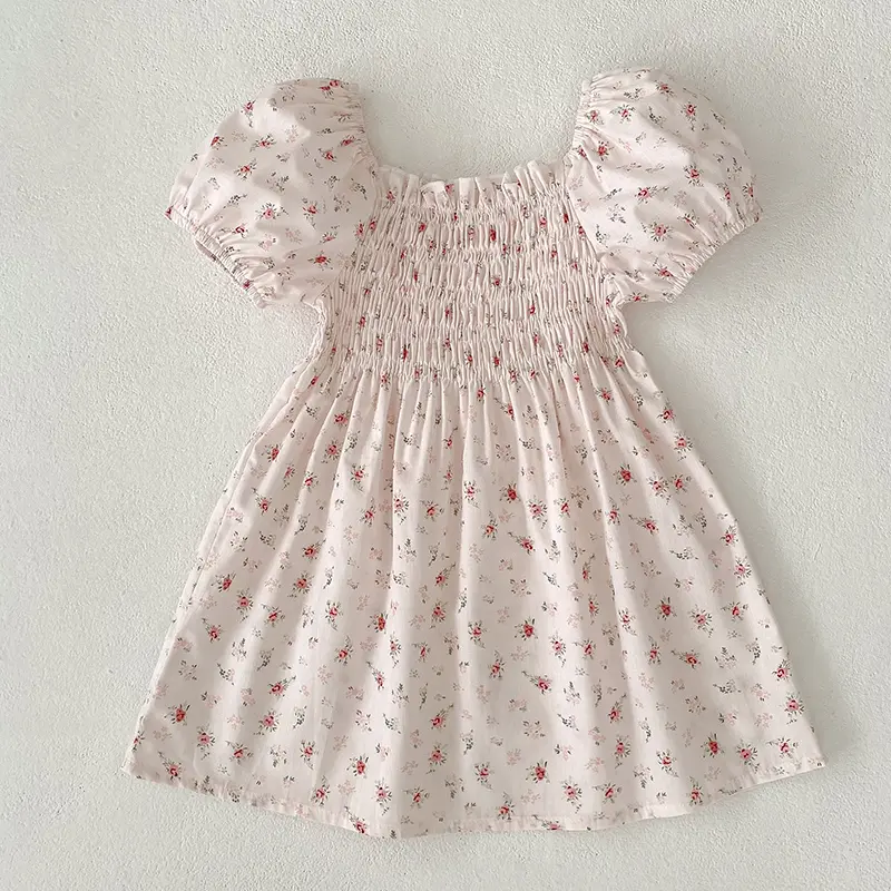 Summer Girls' Clothing Holiday Flower Print Dress Pink Cotton Girls' Fashion Dress 3-7 Years Old Girls Clothes Kids Clothes