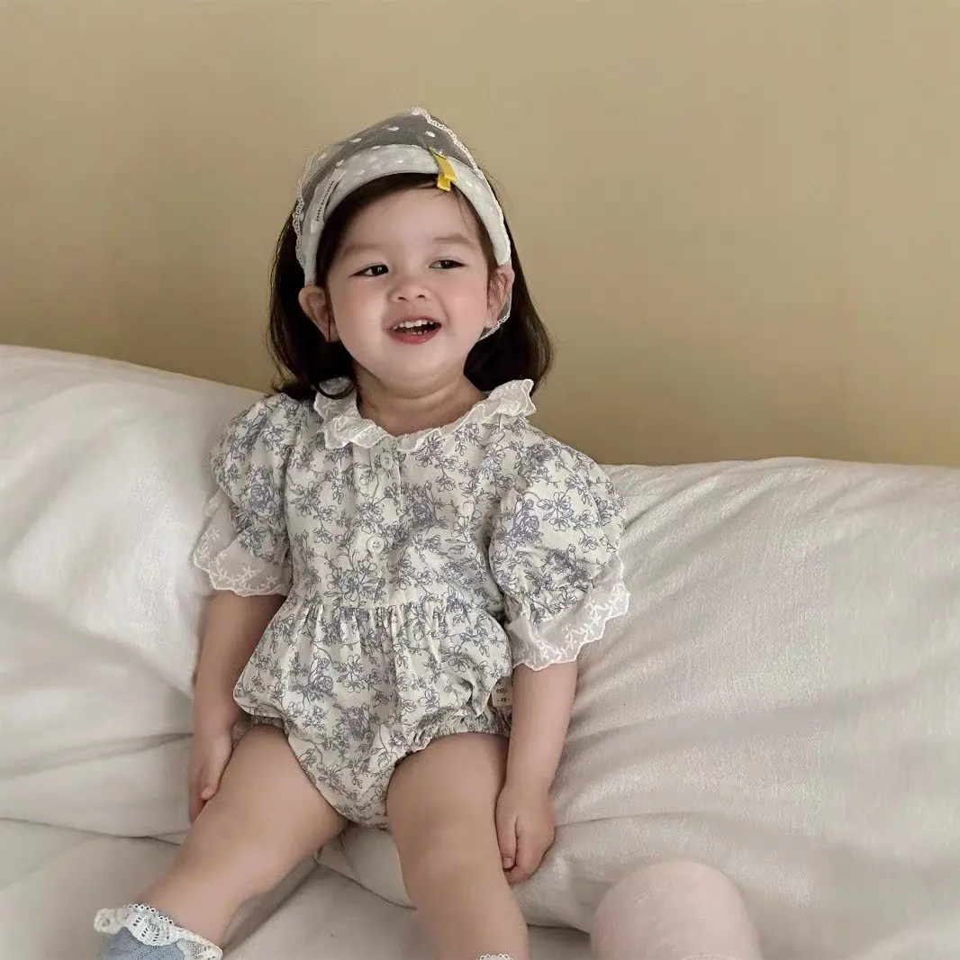 Newborn Clothes New Baby Girls Rompers Kids Baby Girls Short Sleeve Sweet Blue Flower Princess Rompers Infant Baby Girls Rompers