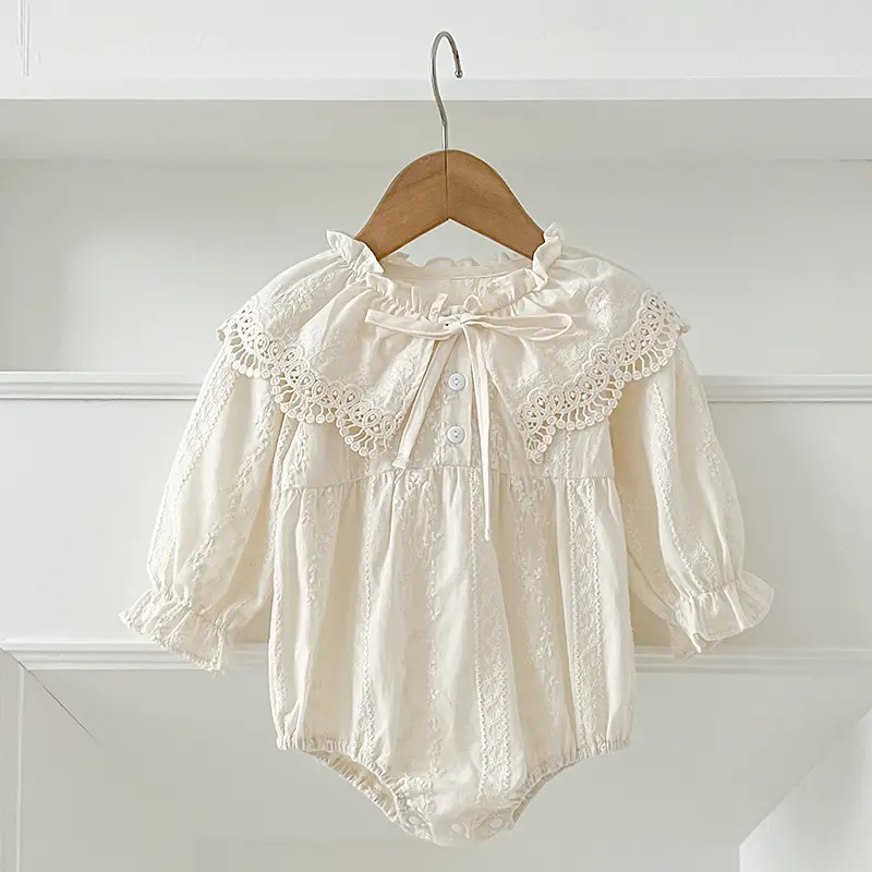0-2Yrs Fashion Clothes Baby Romper Newborn Bodysuit Lace Peter Pan Collar Princess Bow Romper Long Sleeves Infant Girl Jumpsuit
