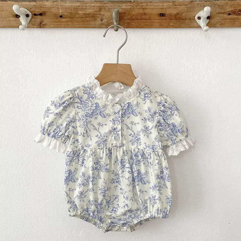 Newborn Clothes New Baby Girls Rompers Kids Baby Girls Short Sleeve Sweet Blue Flower Princess Rompers Infant Baby Girls Rompers