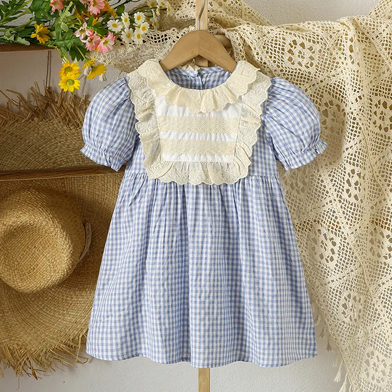 Baby Girls Dress Lace Collar Summer Kids Clothes Dress Grid Dress New Kids Baby Girls Sweet Cute Princess Children Clothes Dress
