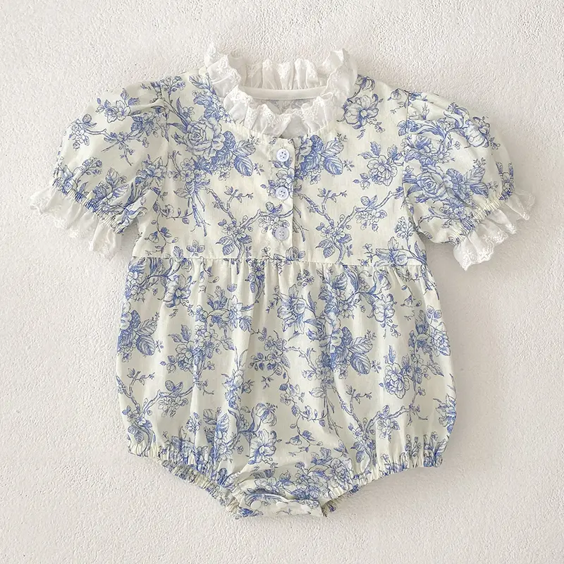 Newborn Clothes New Baby Girls Rompers Kids Baby Girls Short Sleeve Sweet Blue Flower Princess Rompers Infant Baby Girls Rompers