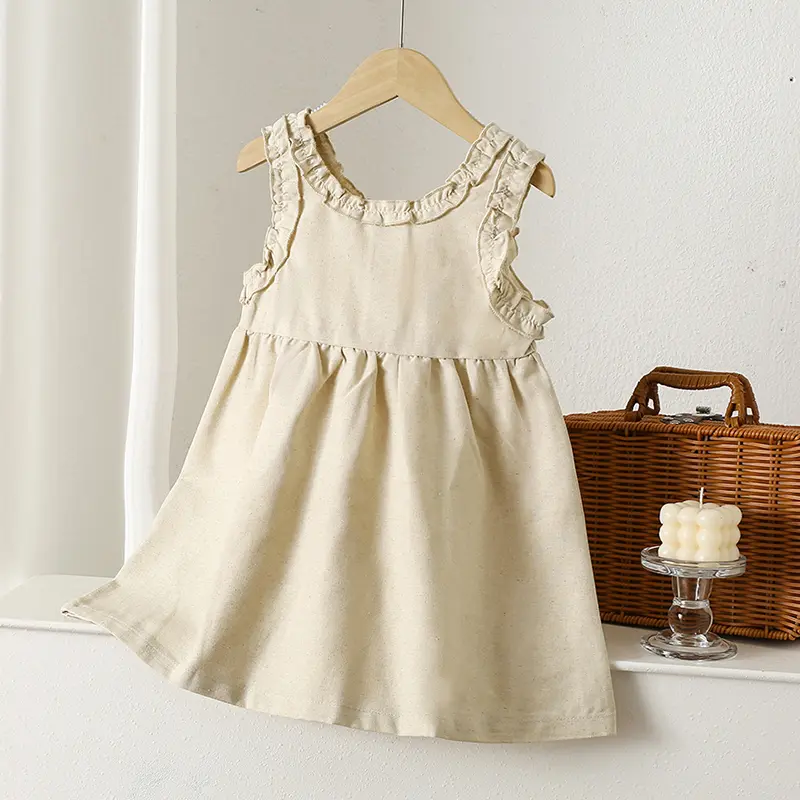 1-6Yrs Solid Linen Cotton Ruffle Sleeve Kids Dresses Summer Princess Party Dress Toddler Girl A-Line Sundress Baby Girl Dress