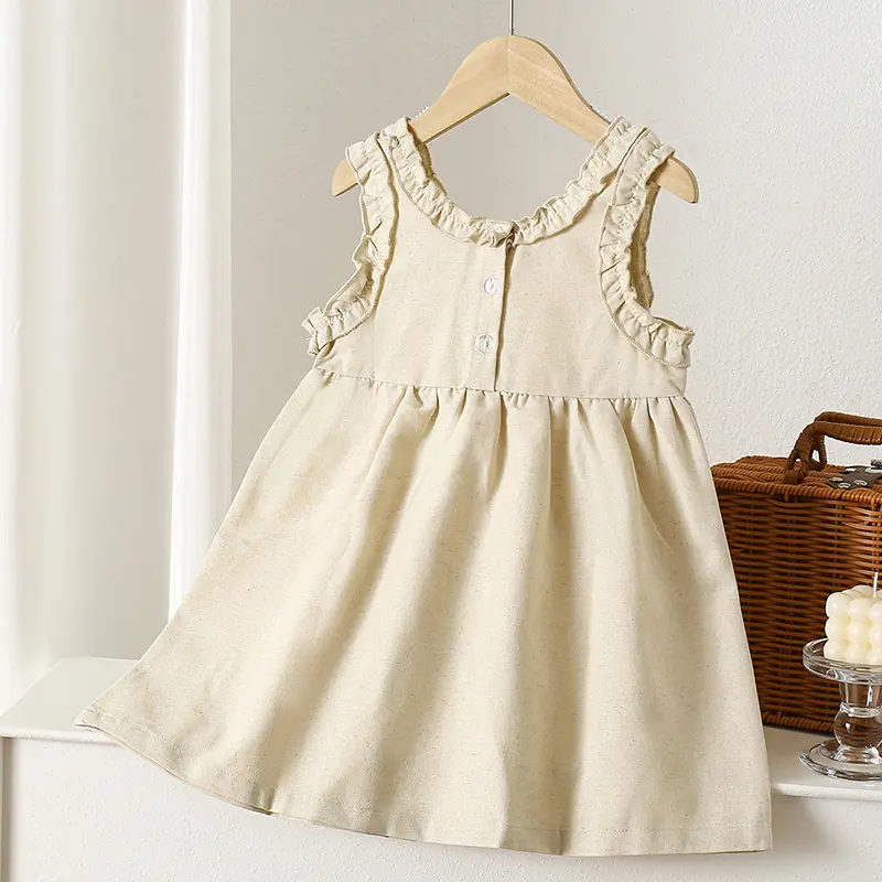 1-6Yrs Solid Linen Cotton Ruffle Sleeve Kids Dresses Summer Princess Party Dress Toddler Girl A-Line Sundress Baby Girl Dress