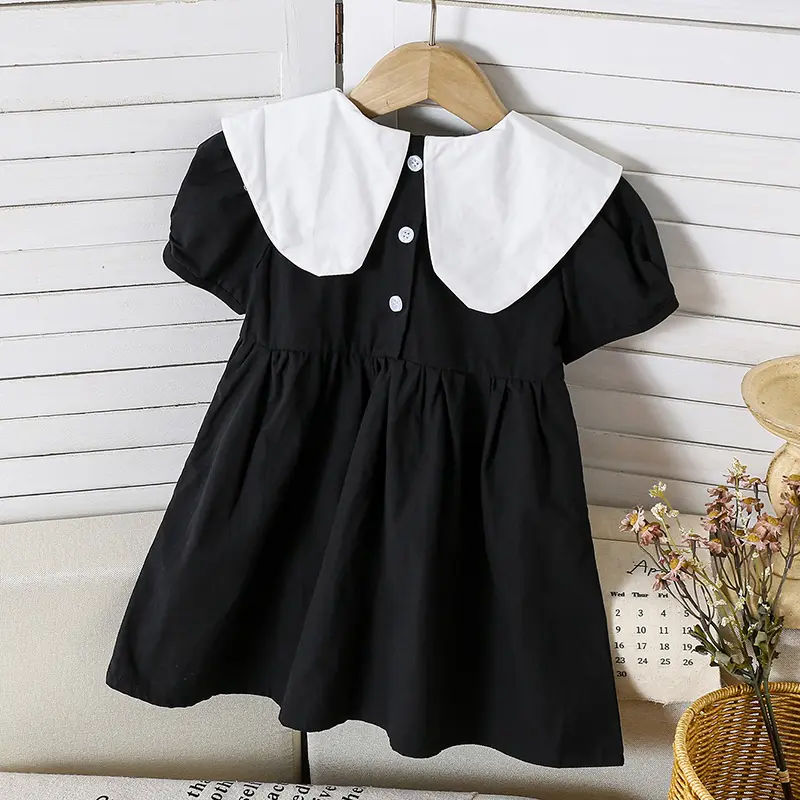 1-6Yrs Baby Girls Dress Infant Clothing Summer Children Embroidery Flower Doll Collar Bubble Black Cotton Kids Party bow dress