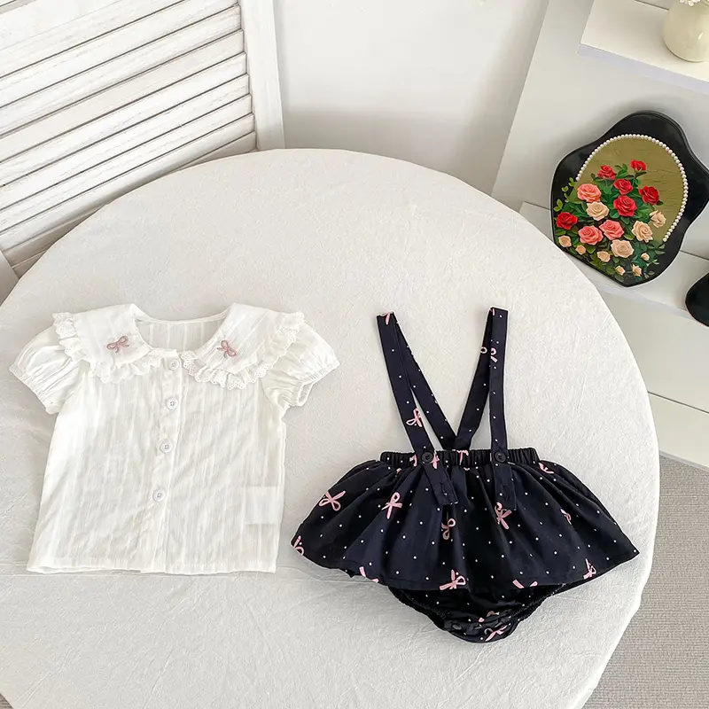 Summer Baby Girls Suit Solid Cotton Casual Square Neck Embroidered Bow White Shirt+Ruffle Romper Set Clothes Toddler Infant Set