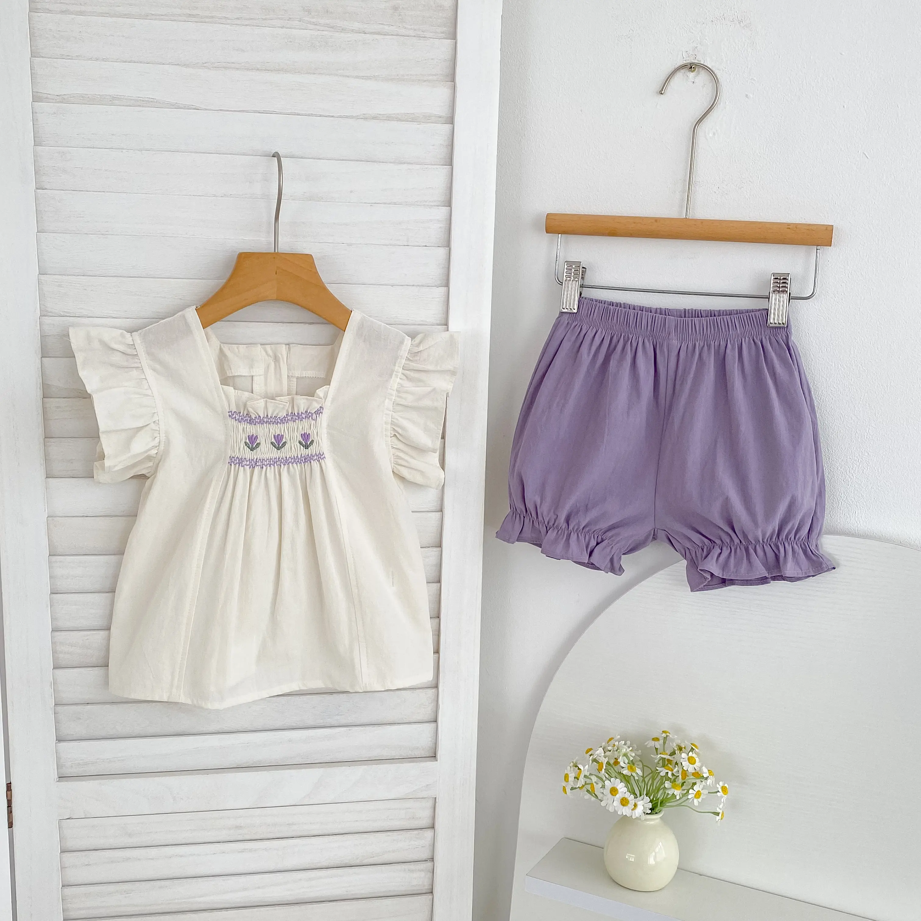 0-3Yrs Summer New Baby Puff Sleeve Set Flower Embroidery Tulip Infant Girl Vintage Shirt+Shorts 2PCS Suit Toddler Casual Outfits