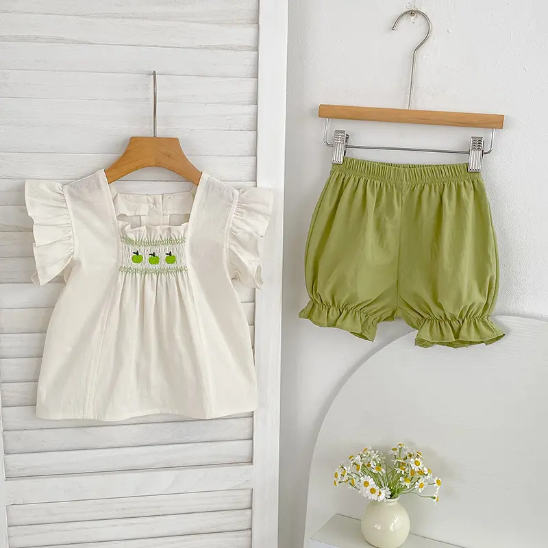 0-3Yrs Summer New Baby Puff Sleeve Set Flower Embroidery Tulip Infant Girl Vintage Shirt+Shorts 2PCS Suit Toddler Casual Outfits