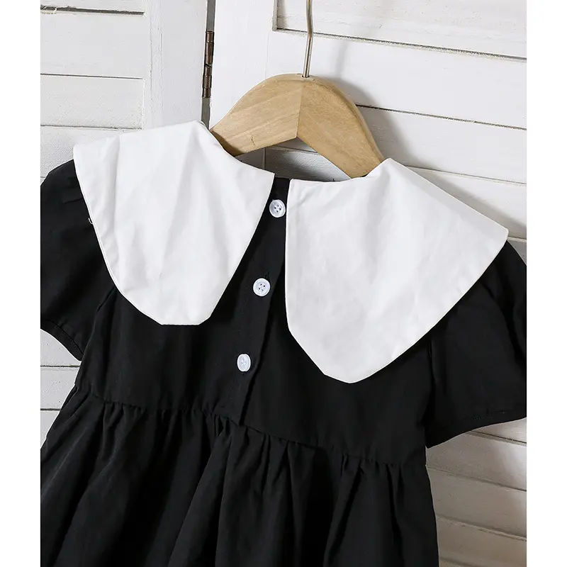 1-6Yrs Baby Girls Dress Infant Clothing Summer Children Embroidery Flower Doll Collar Bubble Black Cotton Kids Party bow dress