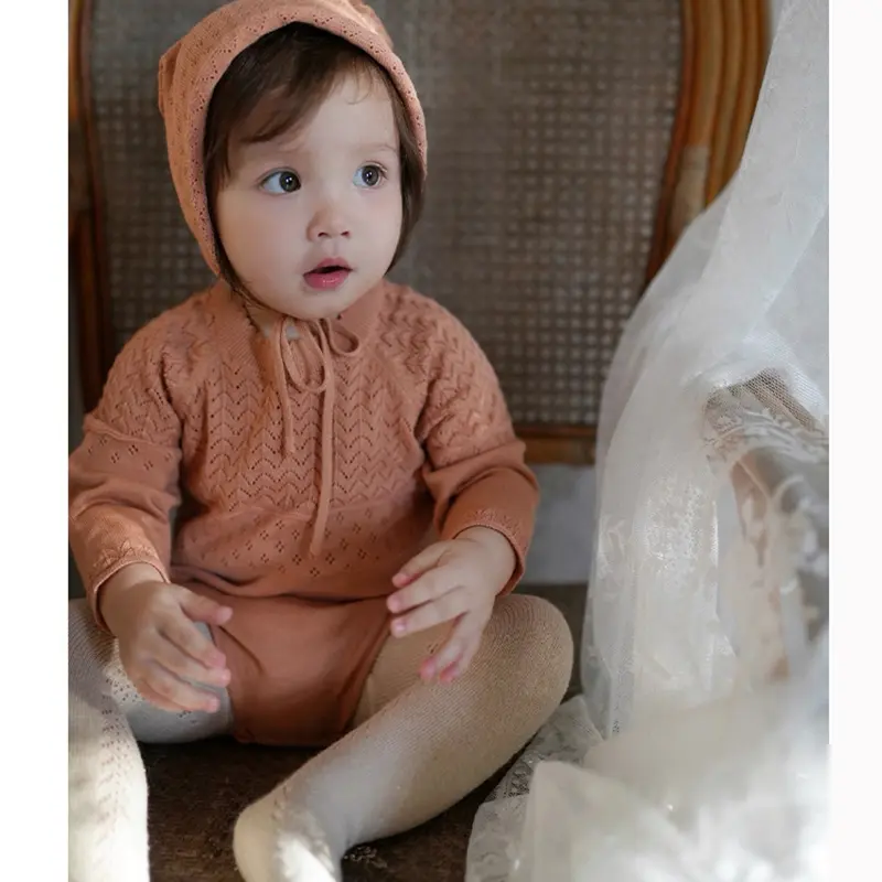 Autumn Baby Bodysuits Clothes Solid Long Sleeve Knit Newborn Boys Girls Onesie Hats Outfits 0-24M Infant Netural Costumes Romper