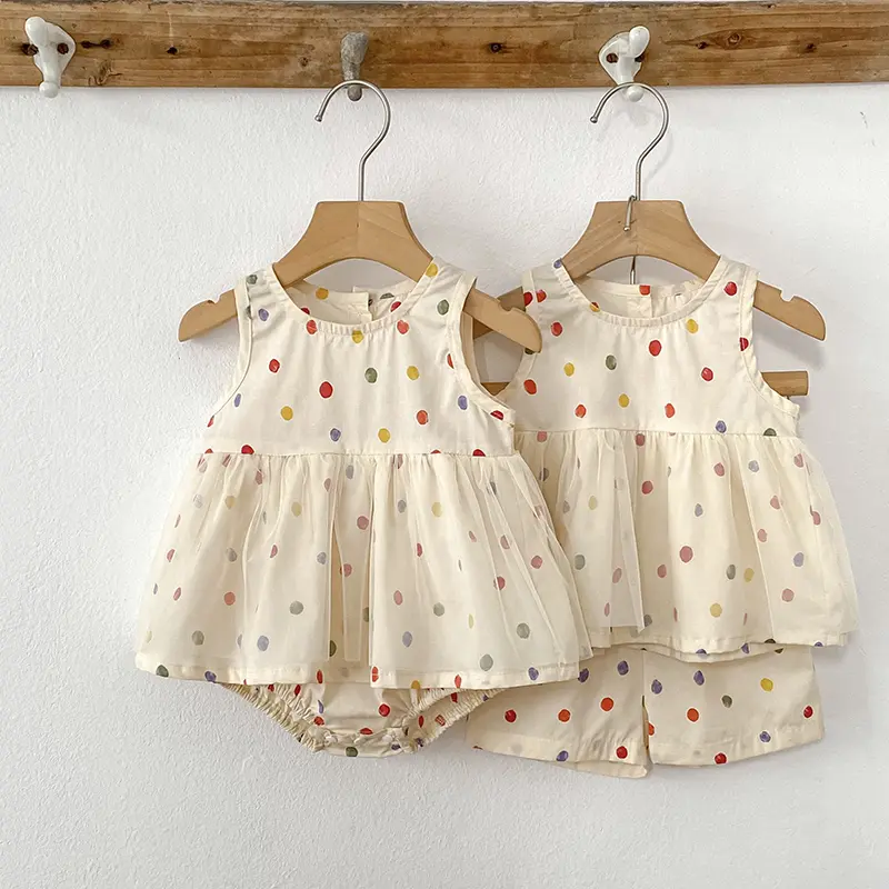 New Summer Clothing Sets Baby Girl Cotton Colored Dots Sets Girls Lace Sweet Princess 2pcs Suit Children's Clothing Kids Vestido
