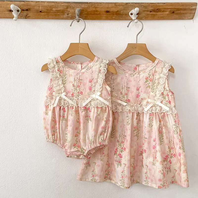 New Summer Baby Girl Clothes Pink Lace Bow Flower Girls Dress Cotton Baby Romper Princess Dress Family Matching Sister Outfit