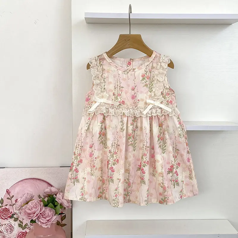 New Summer Baby Girl Clothes Pink Lace Bow Flower Girls Dress Cotton Baby Romper Princess Dress Family Matching Sister Outfit
