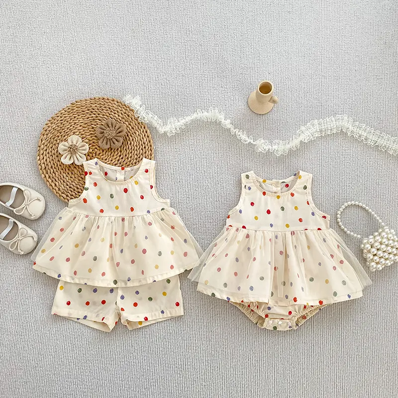 New Summer Clothing Sets Baby Girl Cotton Colored Dots Sets Girls Lace Sweet Princess 2pcs Suit Children's Clothing Kids Vestido
