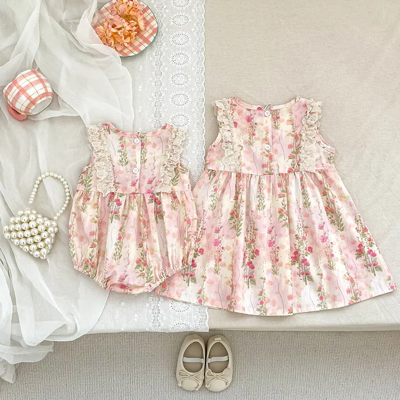 New Summer Baby Girl Clothes Pink Lace Bow Flower Girls Dress Cotton Baby Romper Princess Dress Family Matching Sister Outfit