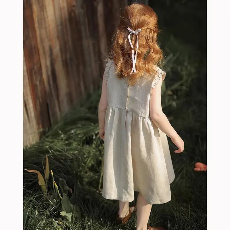 1-6Y Kids Baby Girl Dress Toddler Ruffles Sleeve Princess Dress Solid Cotton Linen Casual Dress for Party Flower Girl Clothes