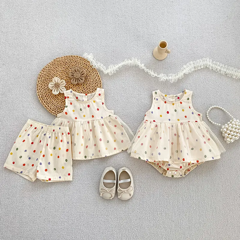 New Summer Clothing Sets Baby Girl Cotton Colored Dots Sets Girls Lace Sweet Princess 2pcs Suit Children's Clothing Kids Vestido