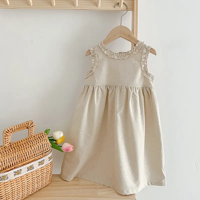 1-6Y Kids Baby Girl Dress Toddler Ruffles Sleeve Princess Dress Solid Cotton Linen Casual Dress for Party Flower Girl Clothes