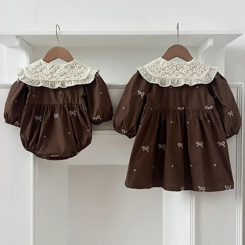 2024 New Autumn Sister Clothes 2-6Yrs Girl Party Dress Kids Princess Dresses Long Sleeved Cotton Embroidery Splicing Baby Romper
