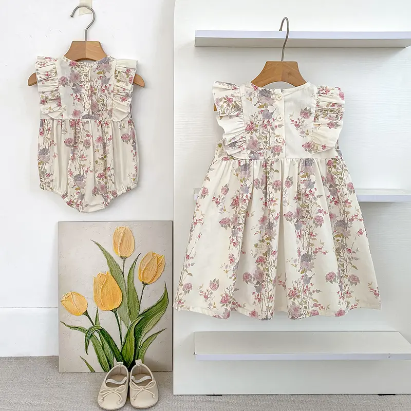 Girls Pink Floral Dress Ruffle Baby Romper Dress Summer Kids Short Sleeve Beach Dresses Toddler Bodysuit Sister Family Clothes
