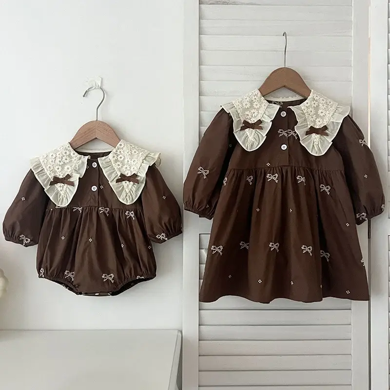 2024 New Autumn Sister Clothes 2-6Yrs Girl Party Dress Kids Princess Dresses Long Sleeved Cotton Embroidery Splicing Baby Romper
