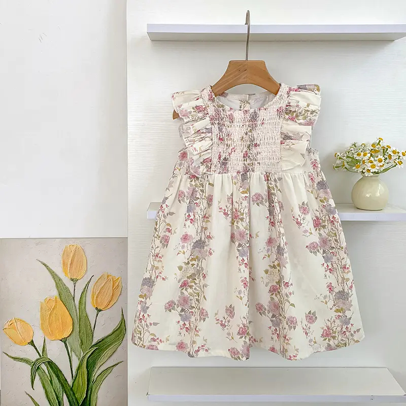 Girls Pink Floral Dress Ruffle Baby Romper Dress Summer Kids Short Sleeve Beach Dresses Toddler Bodysuit Sister Family Clothes