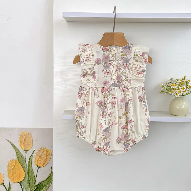 Girls Pink Floral Dress Ruffle Baby Romper Dress Summer Kids Short Sleeve Beach Dresses Toddler Bodysuit Sister Family Clothes