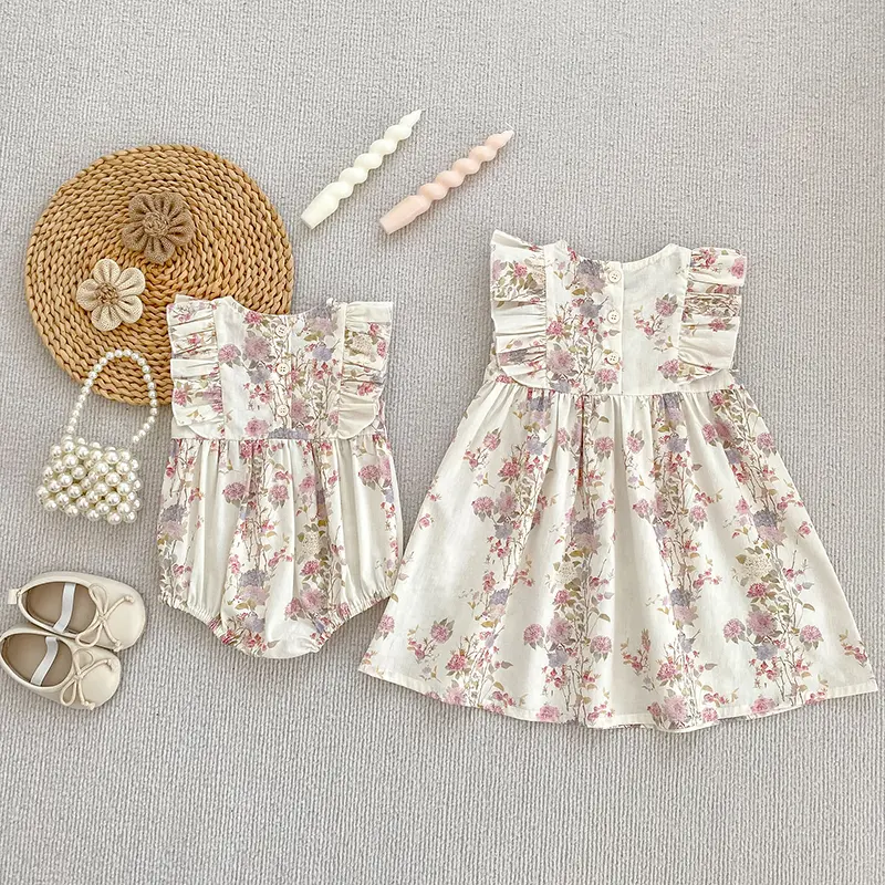 Girls Pink Floral Dress Ruffle Baby Romper Dress Summer Kids Short Sleeve Beach Dresses Toddler Bodysuit Sister Family Clothes