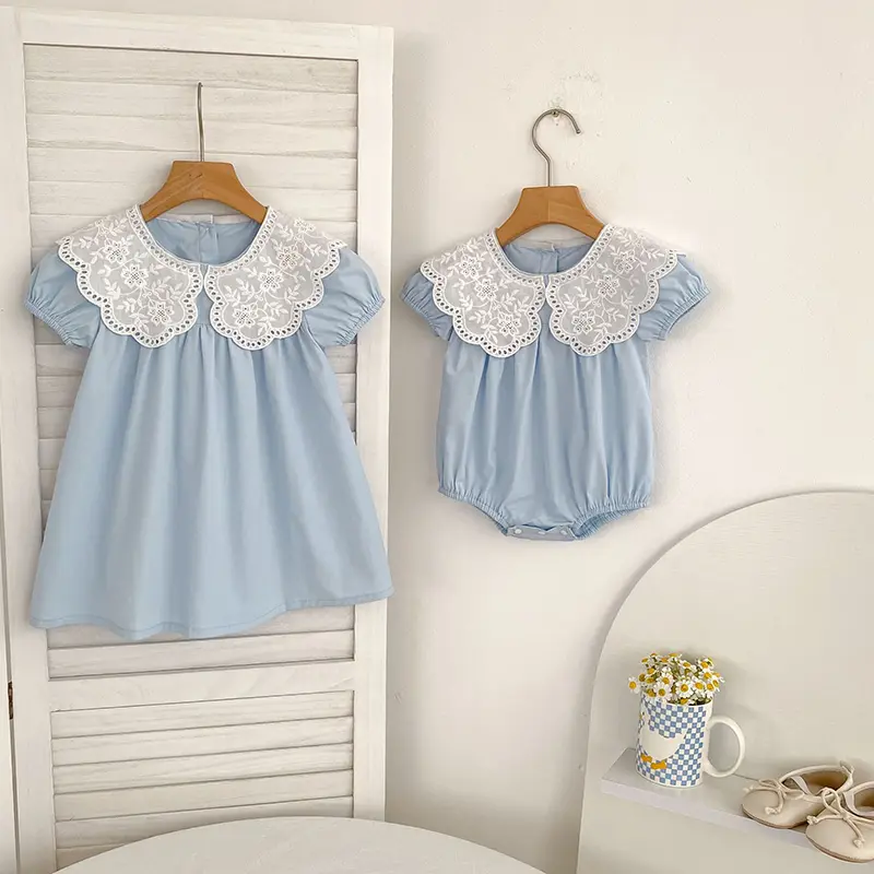 New Sister Matching Outfit Princess Dress Toddler Baby Girls Petal Collar Dresses Summer Girl Baby Romper Blue Princess Romper