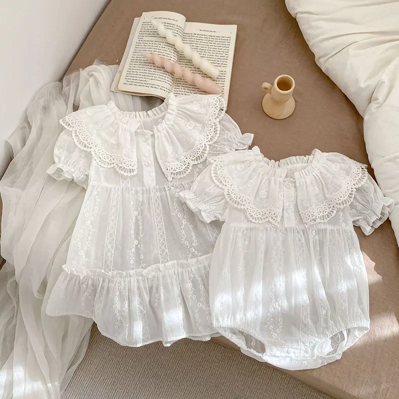 Summer Baby Bodysuit Sisters Dress Flower Embroidery Dress For Infant Girls Toddler Outfit Sisters Lace Collar Princess Dress