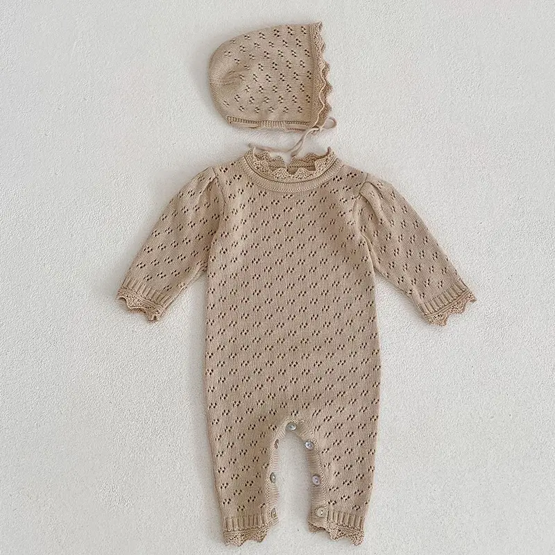 Newborn Baby Boys Girls Knitted Jumpsuit Climbing +Hat Suit Hollowed Out Clothing Romper Children's Casual Baby Soft Clothes