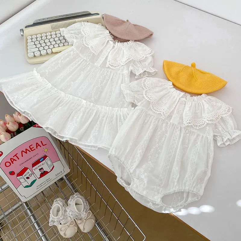 Summer Baby Bodysuit Sisters Dress Flower Embroidery Dress For Infant Girls Toddler Outfit Sisters Lace Collar Princess Dress