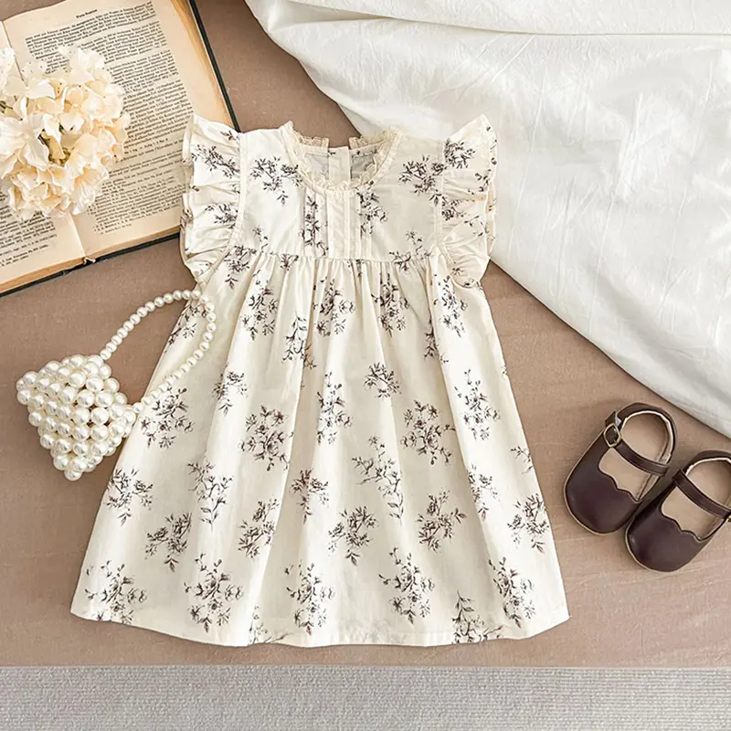 2025 Summer Kids Clothes Fashion Girl Dress Flower Embroidery Retro Lace Dress Cotton Princess Dress Casual Round Neck New Sweet