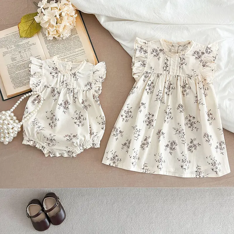 2025 Summer Kids Clothes Fashion Girl Dress Flower Embroidery Retro Lace Dress Cotton Princess Dress Casual Round Neck New Sweet