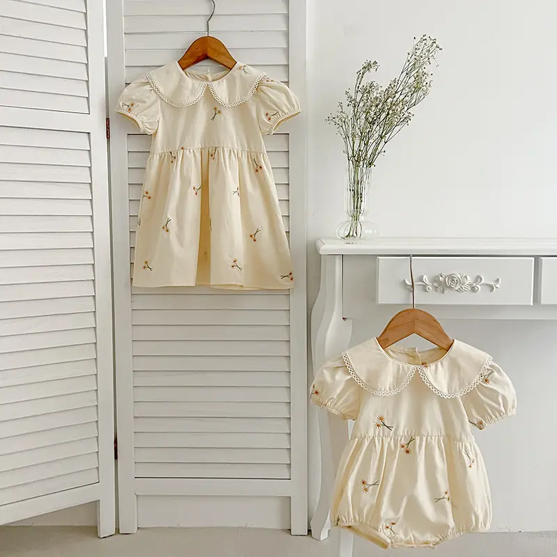Infant Baby Girls Lace Collar Dress Rompers Sisters Clothes Kids Girls Embroider Flower Princess Dress Family Clothes Rompers