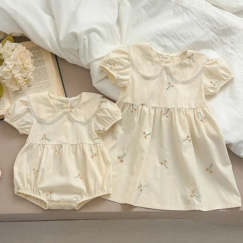 Infant Baby Girls Lace Collar Dress Rompers Sisters Clothes Kids Girls Embroider Flower Princess Dress Family Clothes Rompers