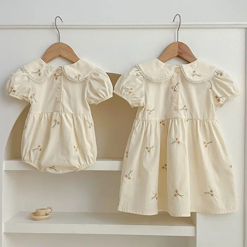 Infant Baby Girls Lace Collar Dress Rompers Sisters Clothes Kids Girls Embroider Flower Princess Dress Family Clothes Rompers