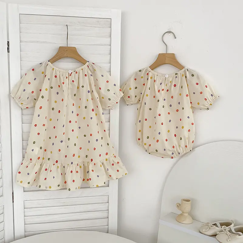 Summer Infant Kids Baby Girls Colored Dots Sisters Dress Cotton Kids Baby Girls Doll Neck Print Princess Sisters Clothes Rompers